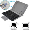 A gray Bluetooth keyboard cover for a tablet, showing an upgrade feature and how to align the claws.