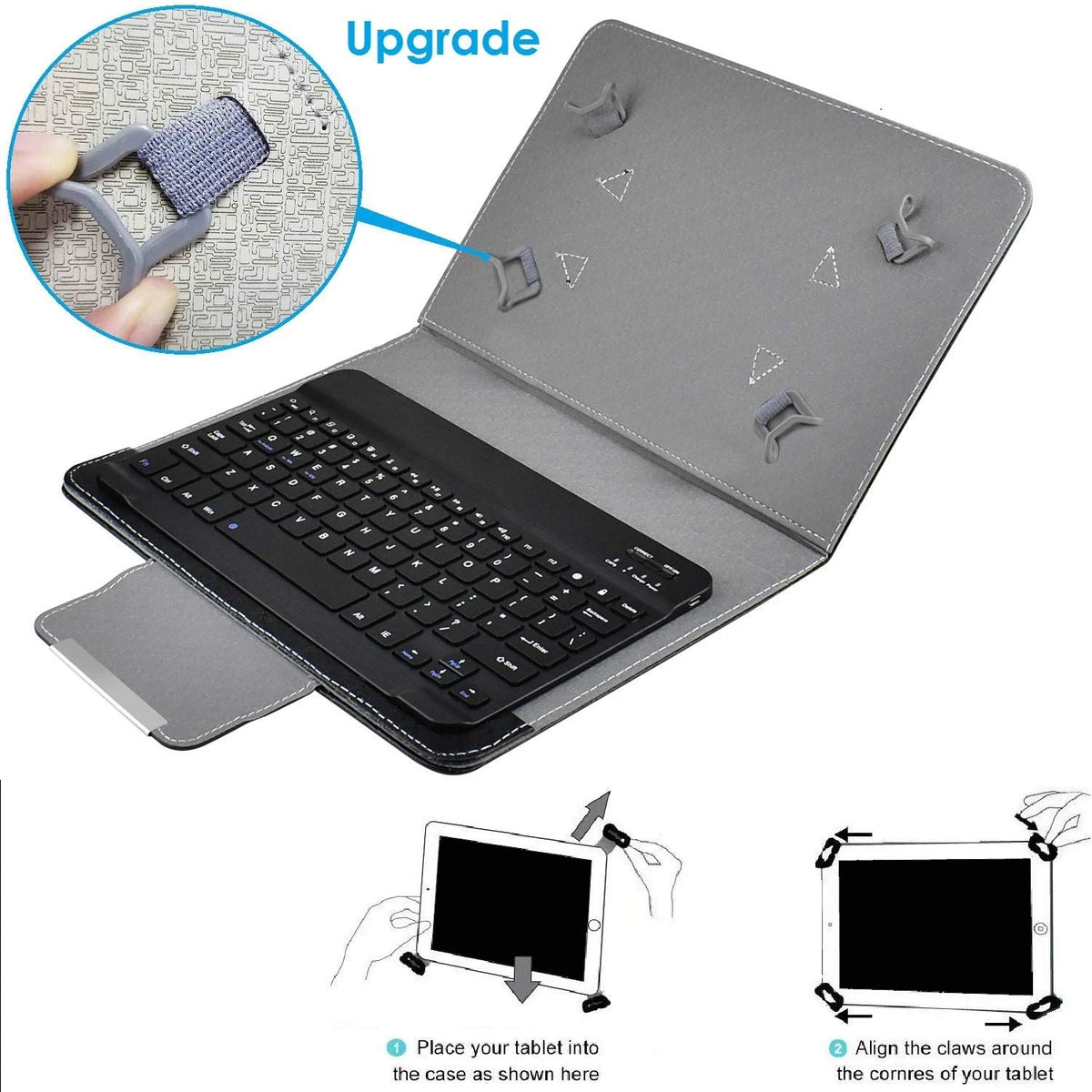 A gray Bluetooth keyboard cover for a tablet, showing an upgrade feature and how to align the claws.