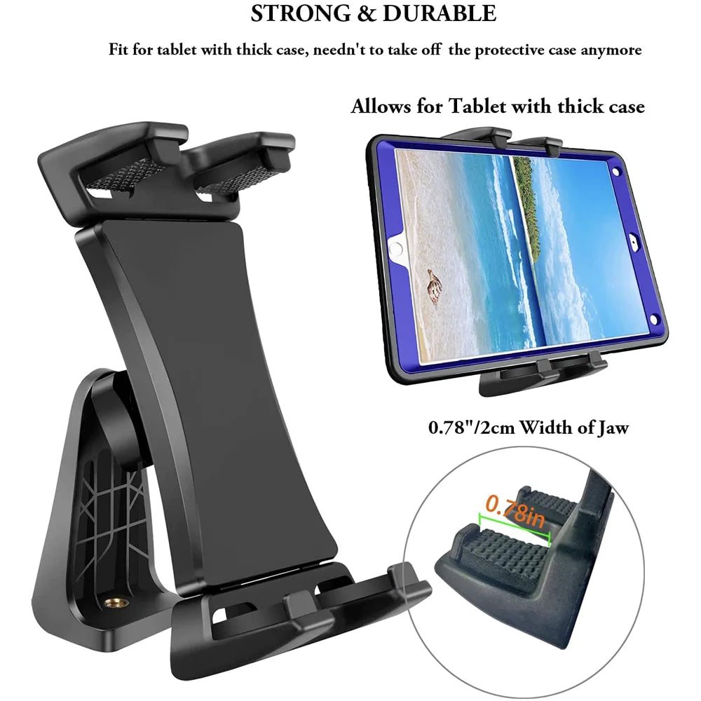 Black 360° rotating tablet stand with an adjustable clip shown next to a tablet display and jaw dimensions.