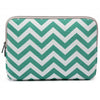 A teal and white chevron patterned canvas laptop sleeve for a MacBook or PC.