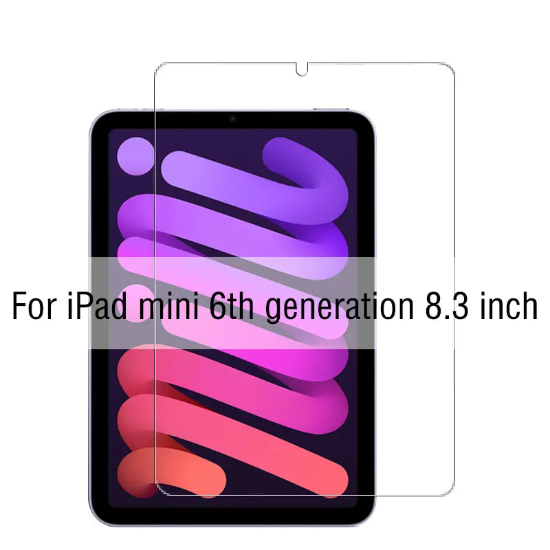 Tempered glass screen protector for an iPad mini 6th generation 8.3 inch displaying a purple and pink striped pattern.