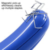A close-up of a blue plastic object with magnetic pick-up tools effortlessly cleaning multiple staples.
