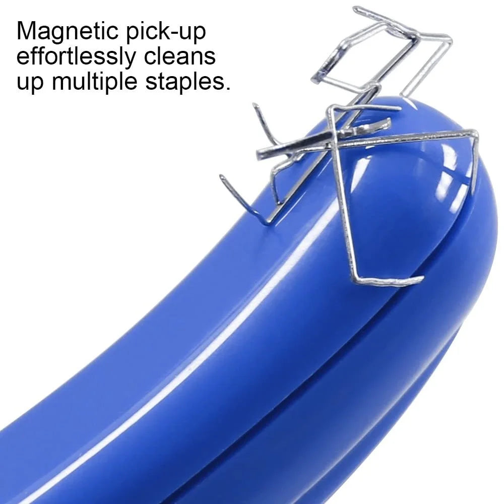 A close-up of a blue plastic object with magnetic pick-up tools effortlessly cleaning multiple staples.