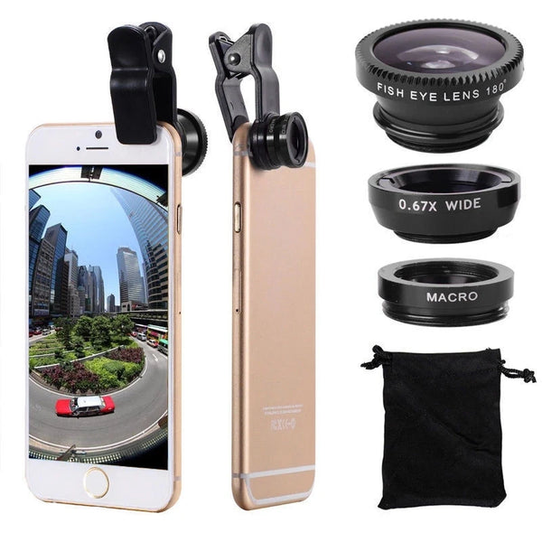 A gold-colored smartphone is shown alongside three lens attachments: a fish eye lens, a wide lens, and a macro lens.
