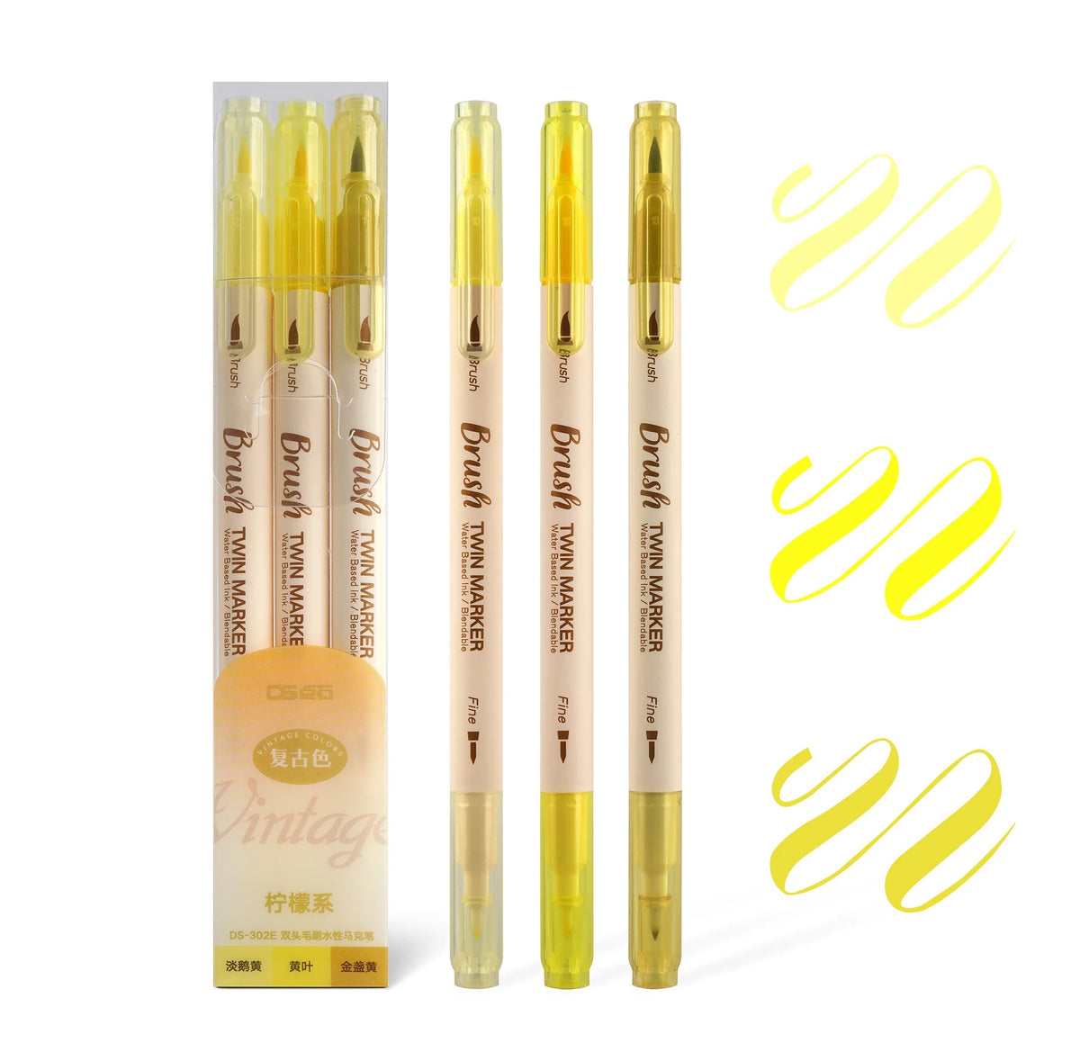 A set of three yellow twin markers for watercolor art displayed in packaging.