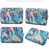 A set of four durable canvas laptop sleeves featuring a floral and botanical print in blue, pink, and teal tones.