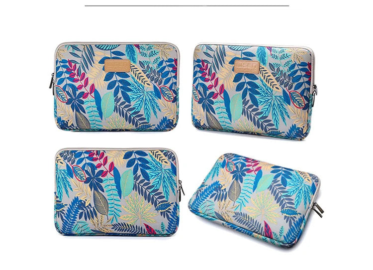 A set of four durable canvas laptop sleeves featuring a floral and botanical print in blue, pink, and teal tones.