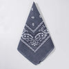 A dark blue cotton bandana square scarf featuring an intricate white paisley print.