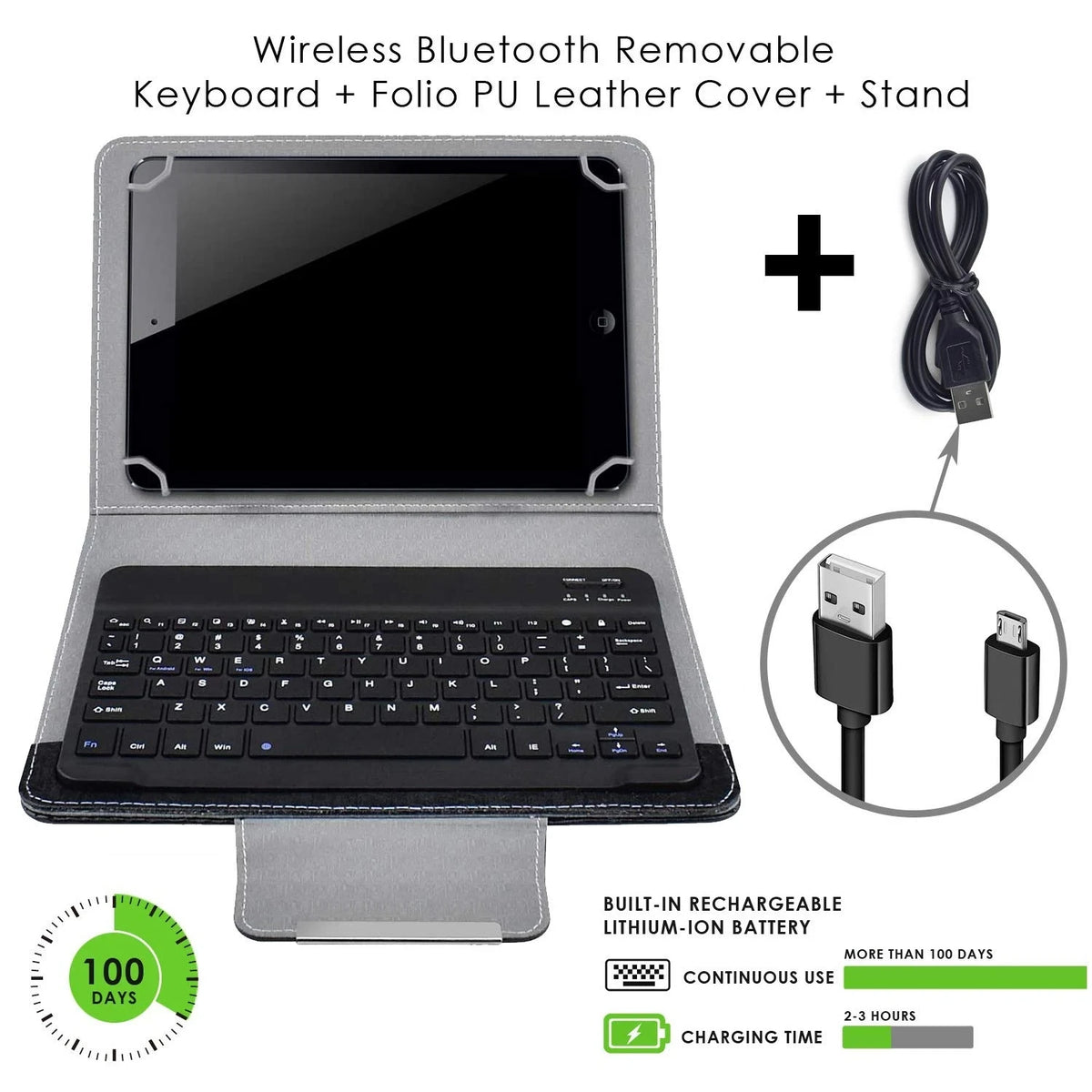 Wireless Bluetooth removable keyboard and folio PU leather cover with stand for a tablet