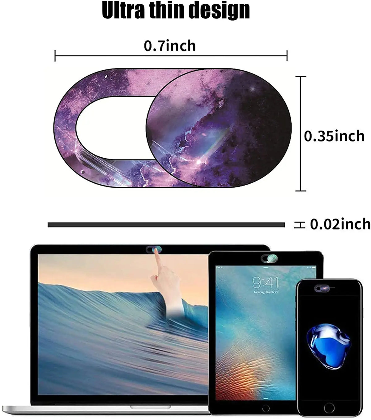 Ultra thin design privacy webcam cover sticker shown on a laptop and tablet.