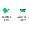 Icons illustrating product features: thick material, frosted feel, washable cloth, and smooth slide.