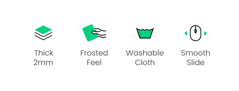 Icons illustrating product features: thick material, frosted feel, washable cloth, and smooth slide.