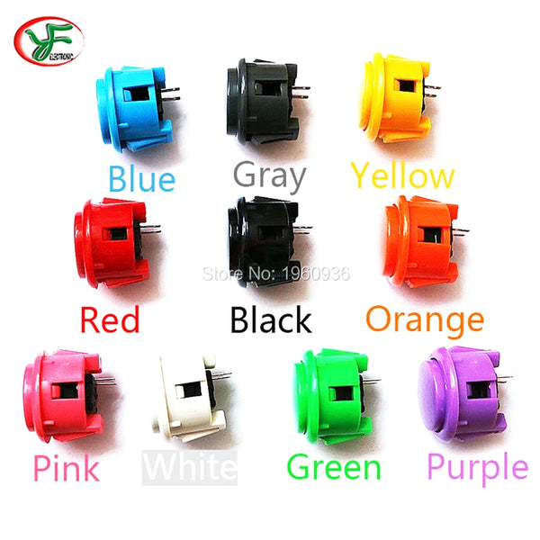 A collection of colorful arcade push button game switches in various colors including blue, gray, yellow, red, black, orange,
