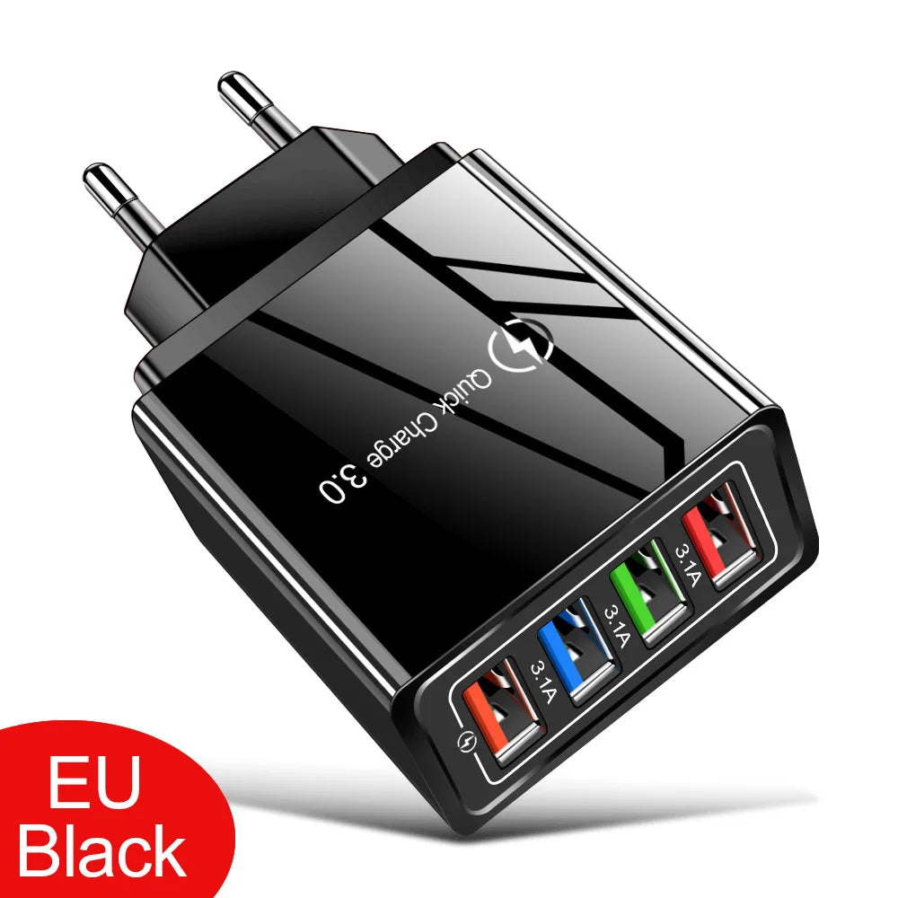 Black 4-port fast charging wall adapter with multiple output ports