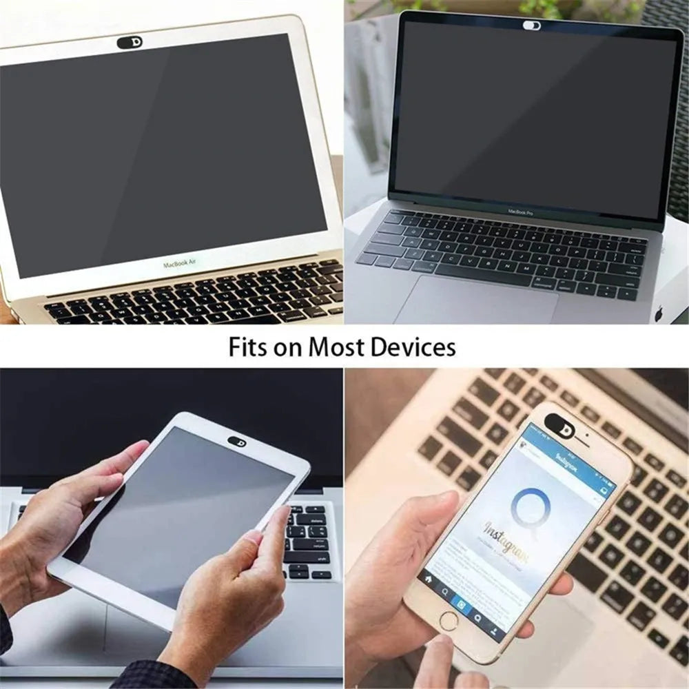 Privacy sliding camera covers shown on a laptop and an iPad, demonstrating protection for devices.