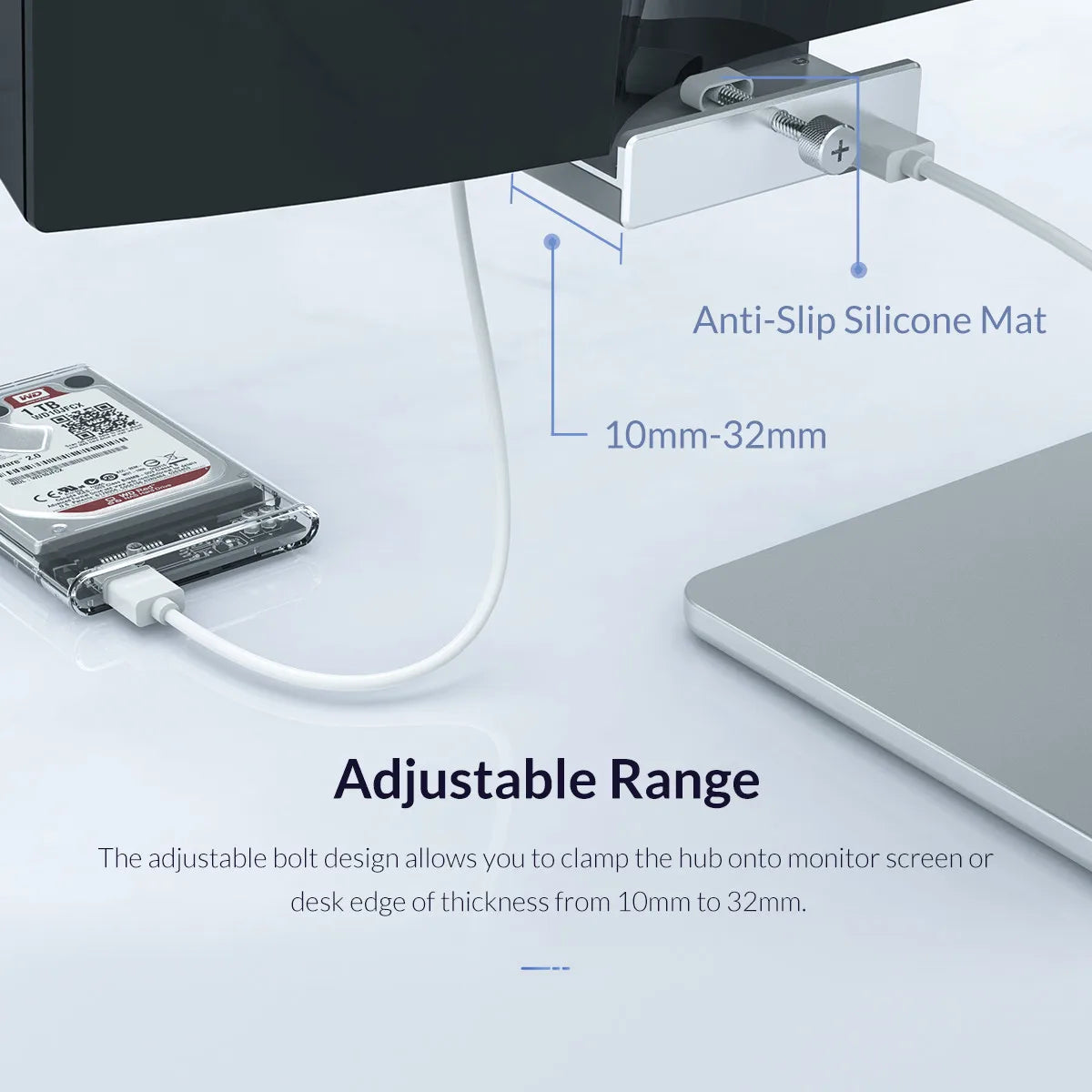 A multi-port USB 3.0 hub with an adjustable clip is shown being mounted onto a monitor screen or desk edge.