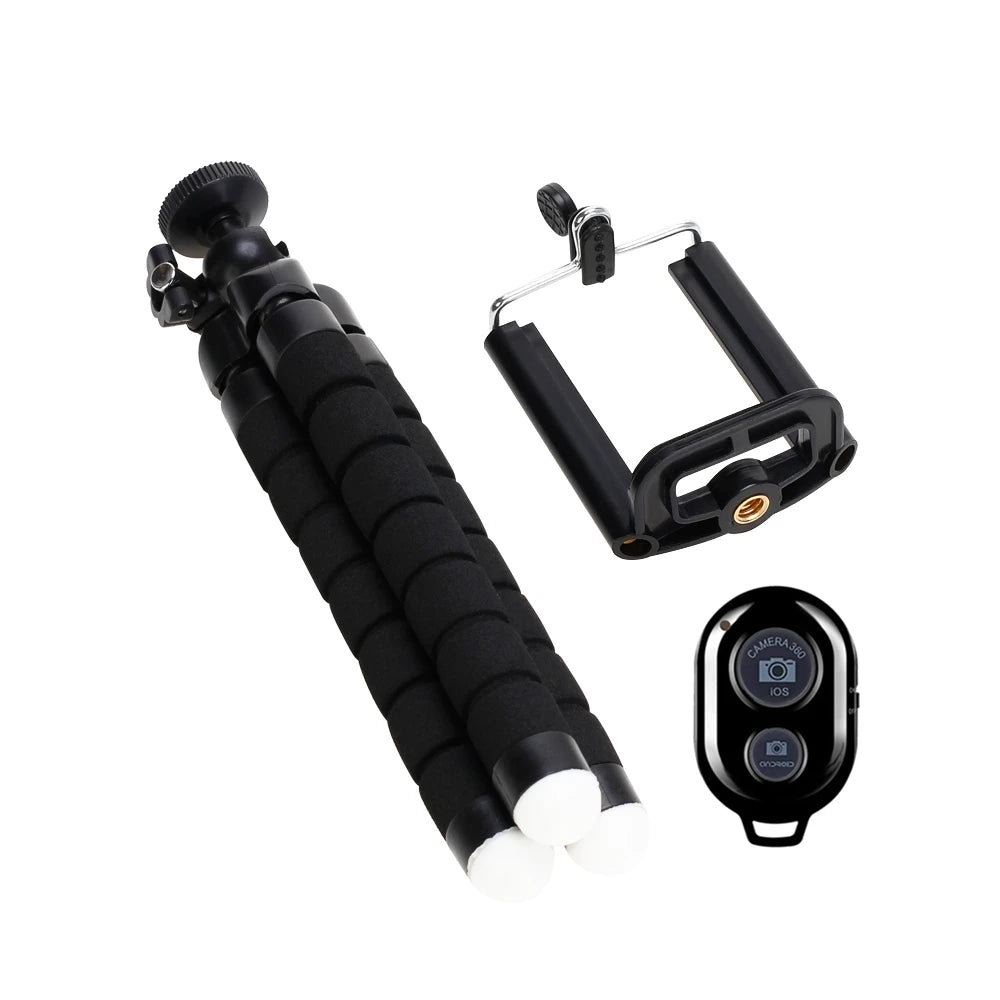 Black flexible mini tripod with a phone clip and a camera mount.