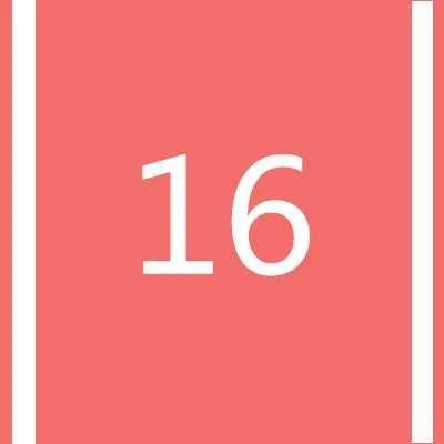 A square background in coral pink with vertical white stripes and the number 16 centered on it.