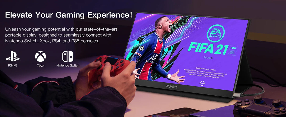 A person is using a portable display monitor to play FIFA 21 on various gaming consoles.
