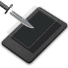 A knife is shown piercing a clear screen protector on a black Kindle e-reader.
