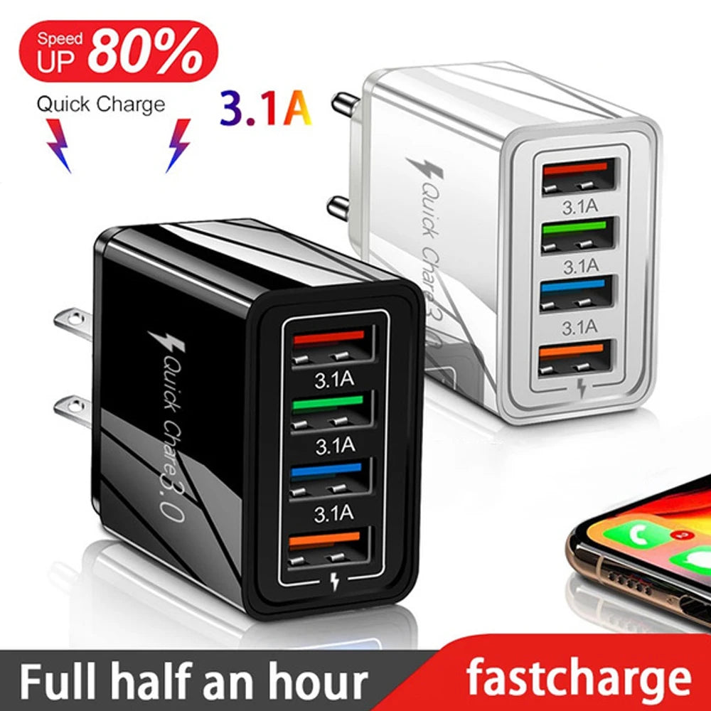 A silver wall adapter with four ports is shown next to a black version and a smartphone, highlighting fast charging capabilit