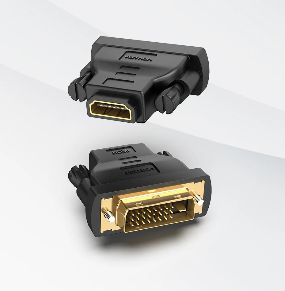 محول محولات DVI إلى HDMI ثنائي الاتجاه باللون الأسود، معروض من الأعلى والأمام.