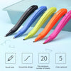 A set of five colored magnetic staple removers with push-button action displayed on a light blue background.
