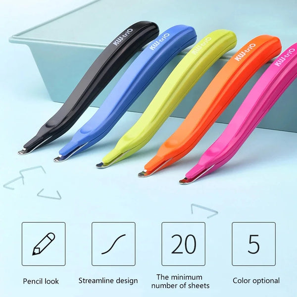 A set of five colored magnetic staple removers with push-button action displayed on a light blue background.