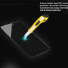 A yellow tool is applying a protective layer to the screen of a tablet, demonstrating its hardness against knives and keys.
