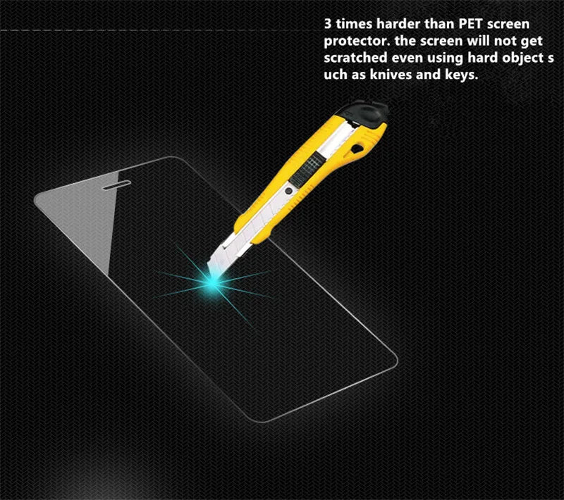 A yellow tool is applying a protective layer to the screen of a tablet, demonstrating its hardness against knives and keys.