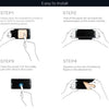 Four steps illustrating how to easily install a tempered glass screen protector on a smartphone.