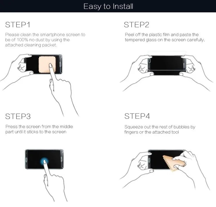 Four steps illustrating how to easily install a tempered glass screen protector on a smartphone.