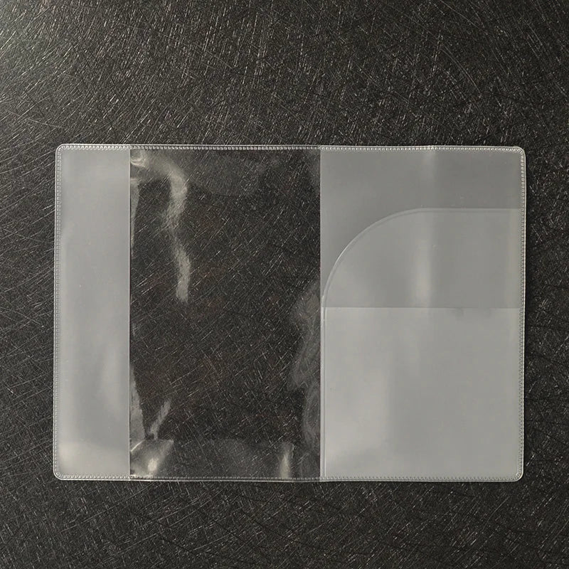 A transparent PVC passport and ID holder wallet lying on a dark surface.