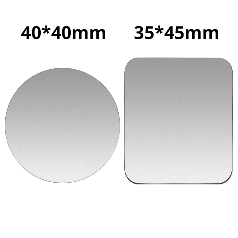 Two magnetic mount plates are shown: one is a circle measuring 40x40mm and the other is a square measuring 35x45mm.