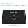 A black WAVLINK USB 3.0 Dual Bay Docking Station with a circular power level indicator.