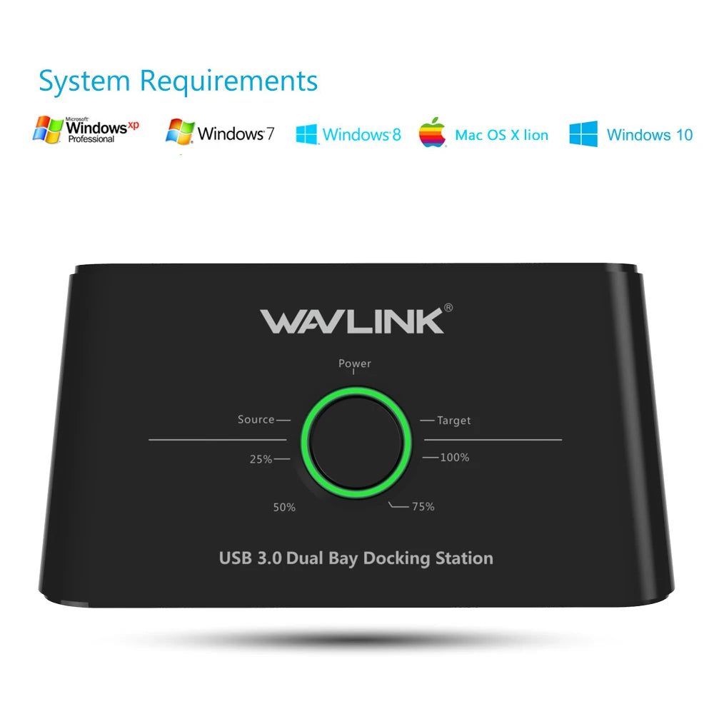 A black WAVLINK USB 3.0 Dual Bay Docking Station with a circular power level indicator.