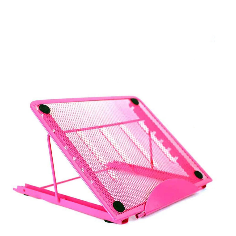 A bright pink ventilated metal mesh stand designed for holding drawing tablets, light pads, or laptops.