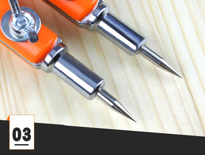 A close-up view of an orange and silver adjustable woodworking marking compass with a sharp point resting on a light wooden s