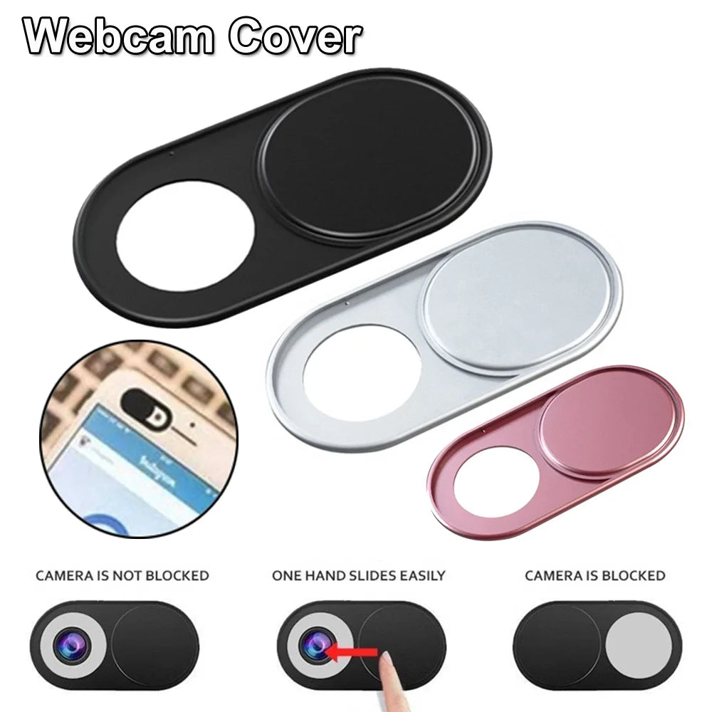 Various designs of a webcam cover or slider for digital privacy, shown in black, silver, and pink.