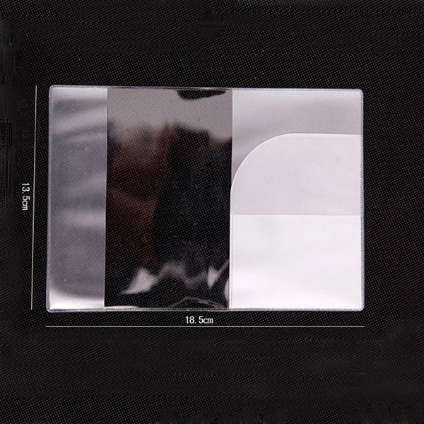 A transparent PVC passport and ID holder wallet with a black background showing various shades of gray and white.