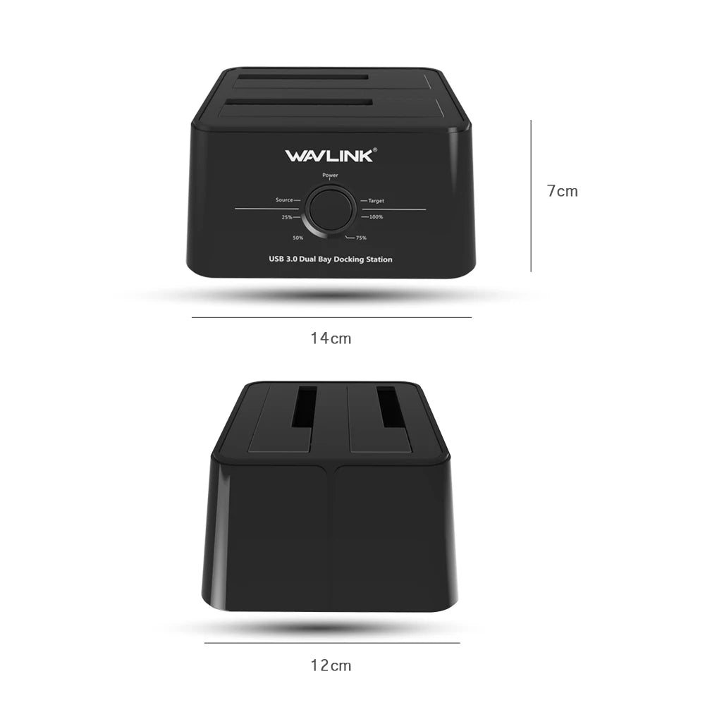 A black dual bay USB 3.0 docking station for external hard drives, shown from the top and side.