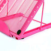 A bright pink ventilated metal mesh stand designed for holding drawing tablets, light pads, or laptops.