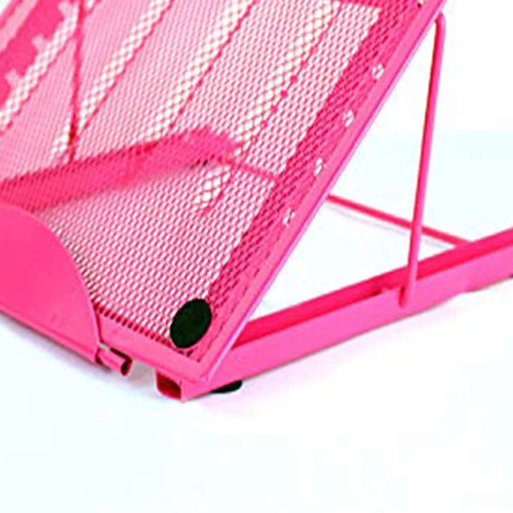 A bright pink ventilated metal mesh stand designed for holding drawing tablets, light pads, or laptops.