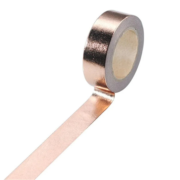 Roll of decorative gold foil washi tape with a silver backing and a tan center.