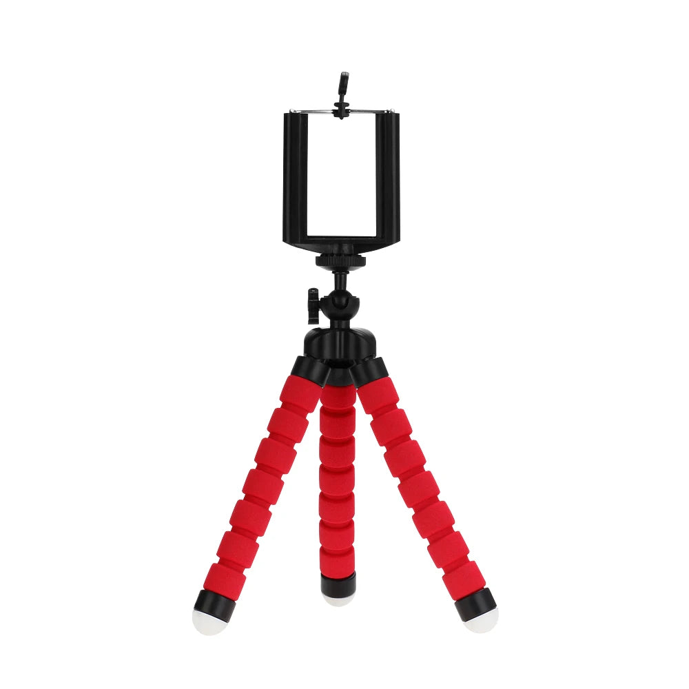 Black flexible mini tripod with a square mount and red shockproof legs.