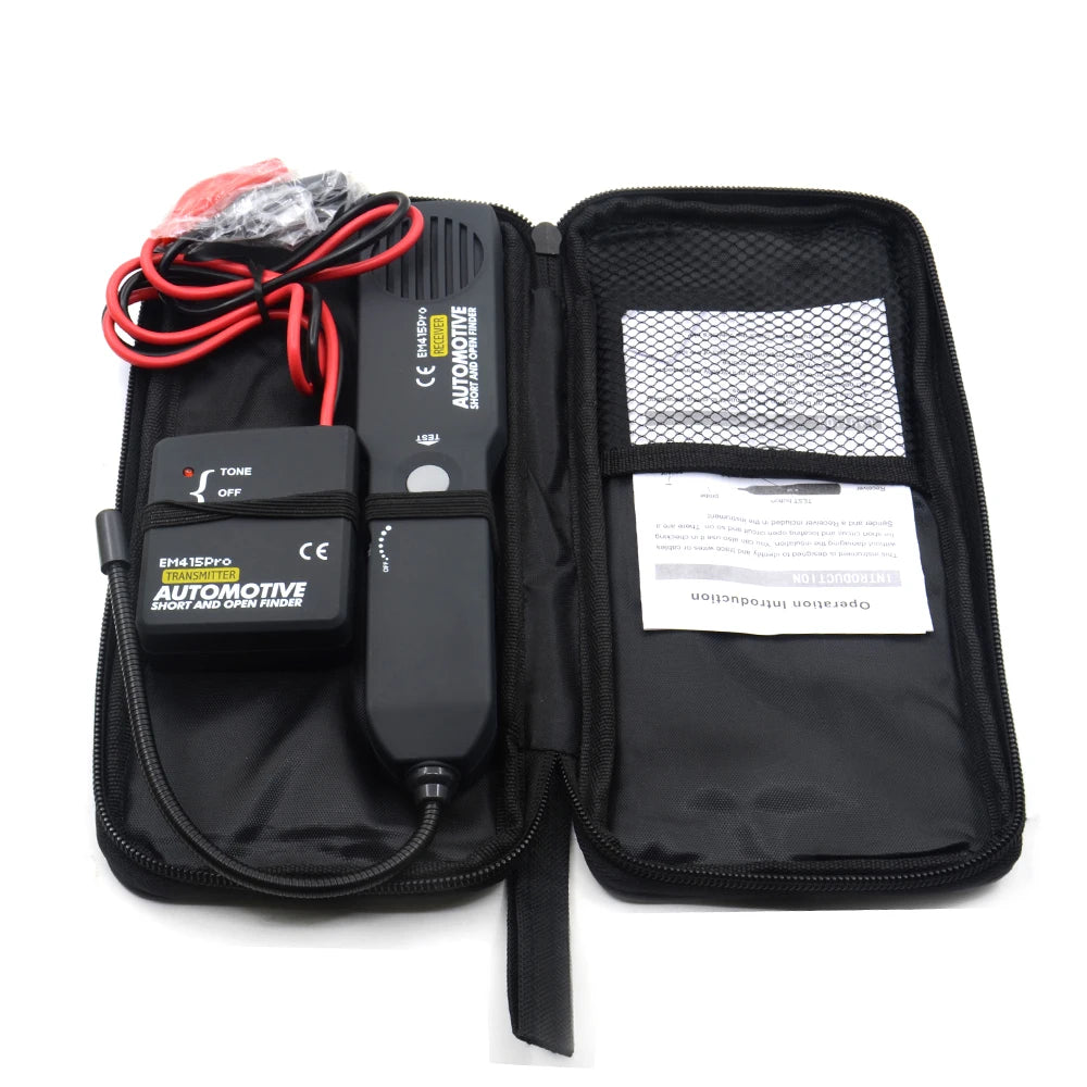 A black professional automotive circuit and wire tracing tool with a carrying pouch and red cable.