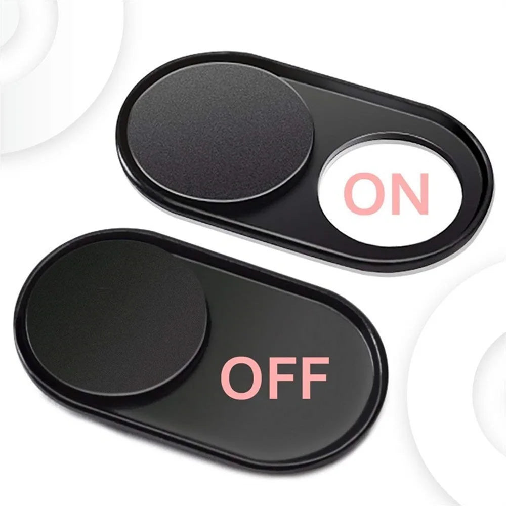 A pair of black magnetic privacy covers for a webcam, showing ON and OFF settings.