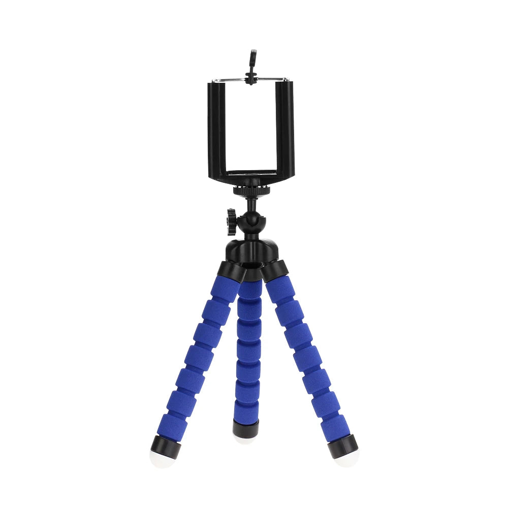Black flexible mini tripod with a phone clip and blue shockproof legs