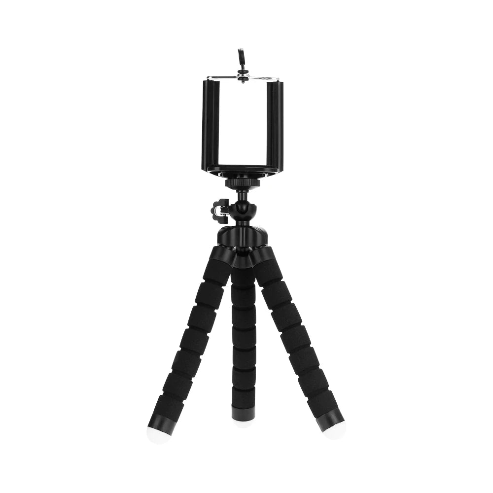 Black flexible mini tripod with a clip for mounting smartphones and cameras
