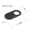 A black webcam cover with a circular opening and dimensions shown.